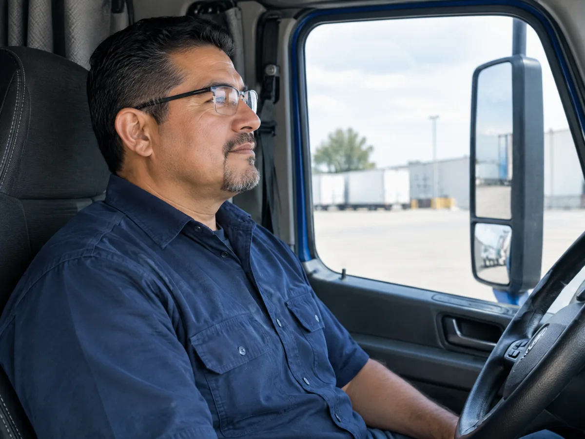 Illustrative photograph of a commercial driver in a parked truck